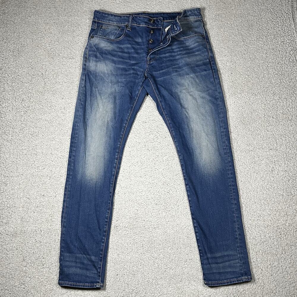 G Star Raw Jeans Mens 33x32 Blue Button Fly 3301 Slim Stretch
